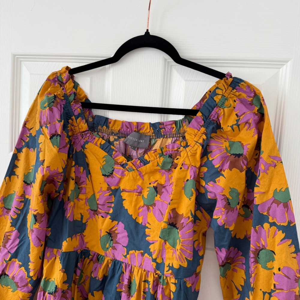 Hudson & Bay Floral Print Mini Dress Long Sleeve Square Neck Casual Boho Funky - Picture 4 of 10